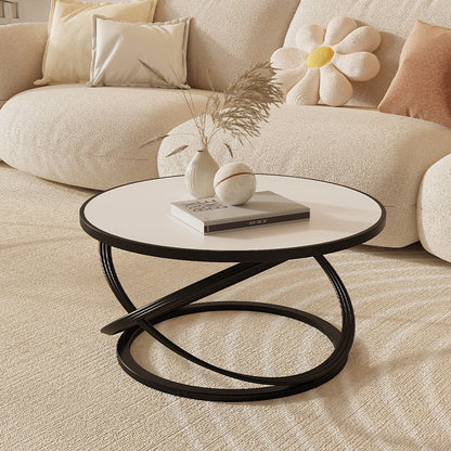 Contemporary Nordic Rock Slab & Iron Round Top X-Base Coffee Table For Living Room And Bedroom