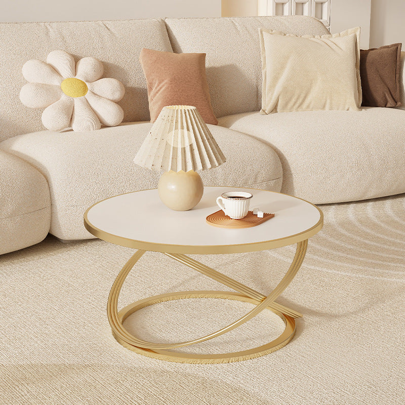 Contemporary Nordic Rock Slab & Iron Round Top X-Base Coffee Table For Living Room And Bedroom