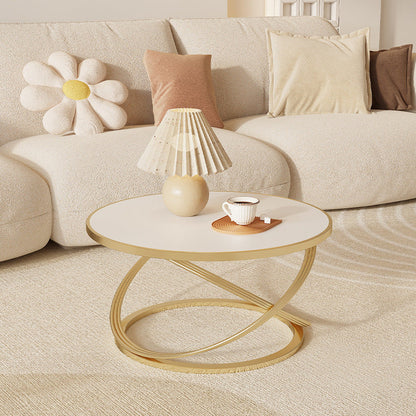 Contemporary Nordic Rock Slab & Iron Round Top X-Base Coffee Table For Living Room And Bedroom