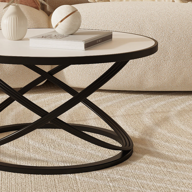 Contemporary Nordic Rock Slab & Iron Round Top X-Base Coffee Table For Living Room And Bedroom