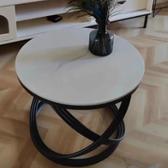Contemporary Nordic Rock Slab & Iron Round Top X-Base Coffee Table For Living Room And Bedroom