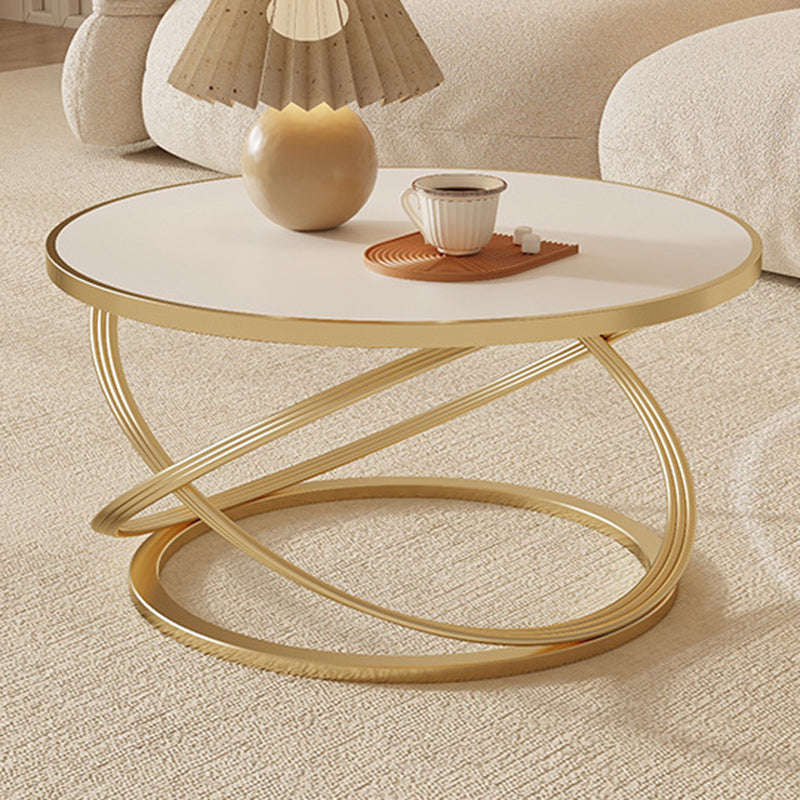 Contemporary Nordic Rock Slab & Iron Round Top X-Base Coffee Table For Living Room And Bedroom