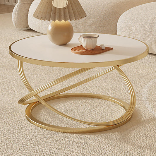 Contemporary Nordic Rock Slab & Iron Round Top X-Base Coffee Table For Living Room And Bedroom