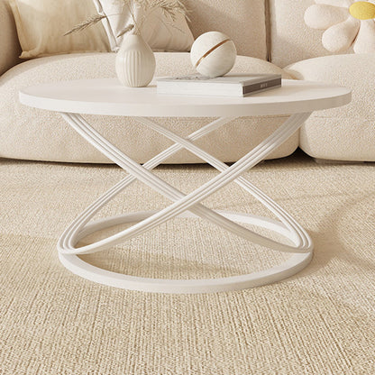 Contemporary Nordic Rock Slab & Iron Round Top X-Base Coffee Table For Living Room And Bedroom