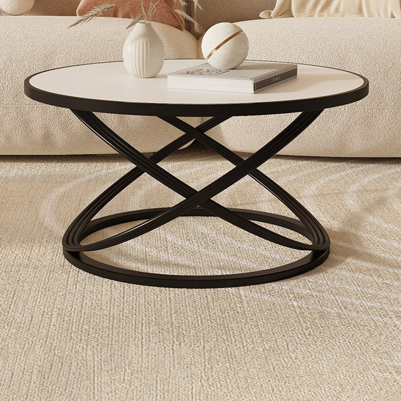 Contemporary Nordic Rock Slab & Iron Round Top X-Base Coffee Table For Living Room And Bedroom