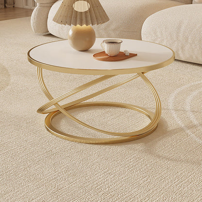 Contemporary Nordic Rock Slab & Iron Round Top X-Base Coffee Table For Living Room And Bedroom