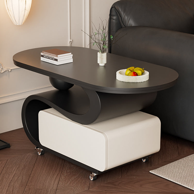 Contemporary Nordic Rock Slab & Carbon Steel Oval Coffee Table With 1-Drawer For Living Room And Bedroom