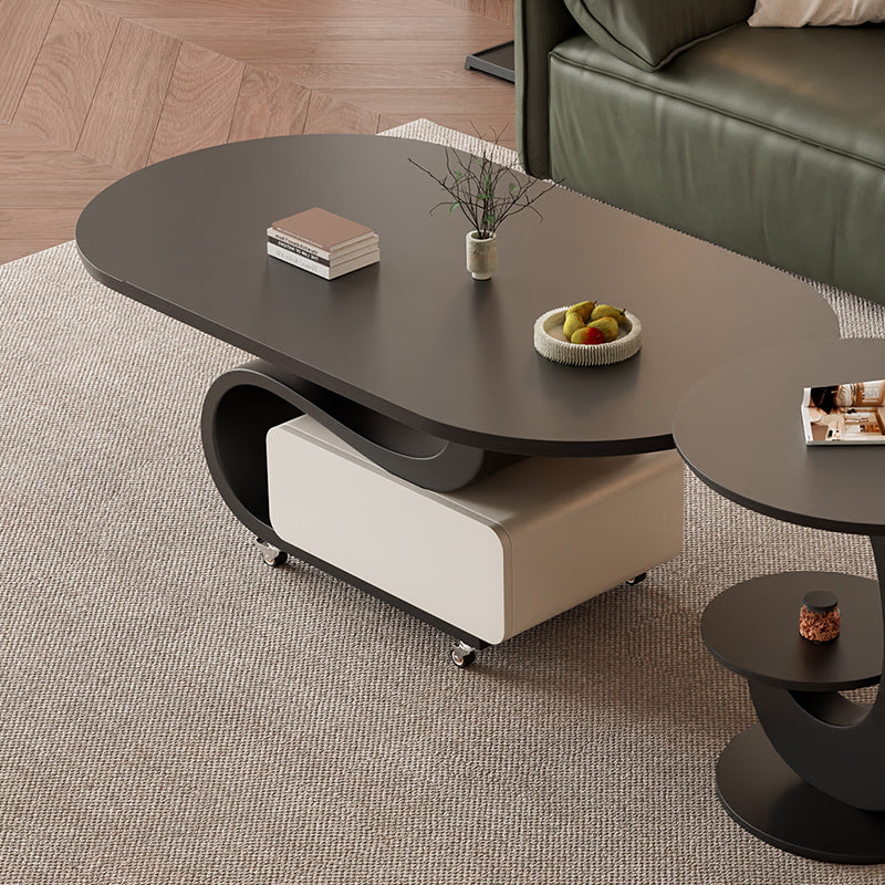 Contemporary Nordic Rock Slab & Carbon Steel Oval Coffee Table With 1-Drawer For Living Room And Bedroom