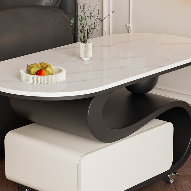 Contemporary Nordic Rock Slab & Carbon Steel Oval Coffee Table With 1-Drawer For Living Room And Bedroom