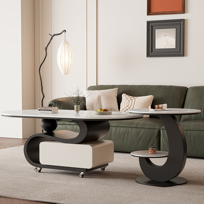 Contemporary Nordic Rock Slab & Carbon Steel Oval Coffee Table With 1-Drawer For Living Room And Bedroom