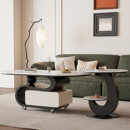 Contemporary Nordic Rock Slab & Carbon Steel Oval Coffee Table With 1-Drawer For Living Room And Bedroom