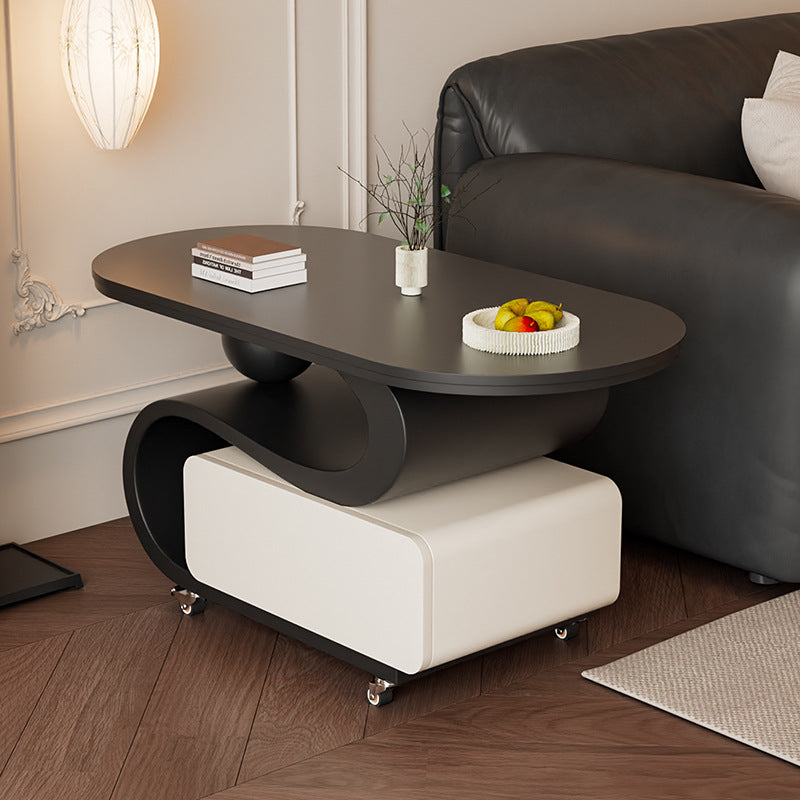 Contemporary Nordic Rock Slab & Carbon Steel Oval Coffee Table With 1-Drawer For Living Room And Bedroom