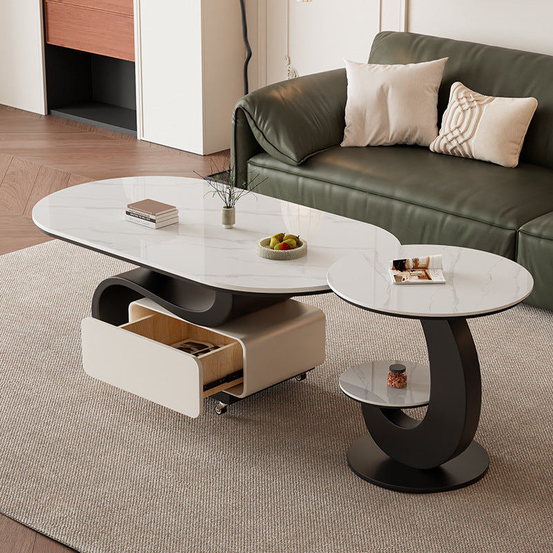 Contemporary Nordic Rock Slab & Carbon Steel Oval Coffee Table With 1-Drawer For Living Room And Bedroom