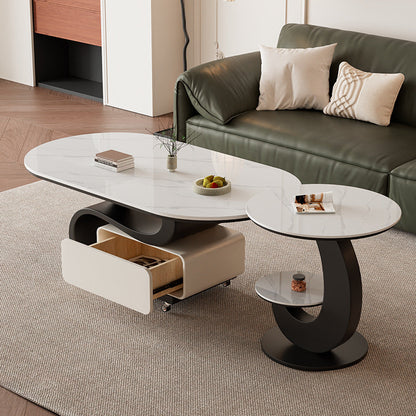 Contemporary Nordic Rock Slab & Carbon Steel Oval Coffee Table With 1-Drawer For Living Room And Bedroom