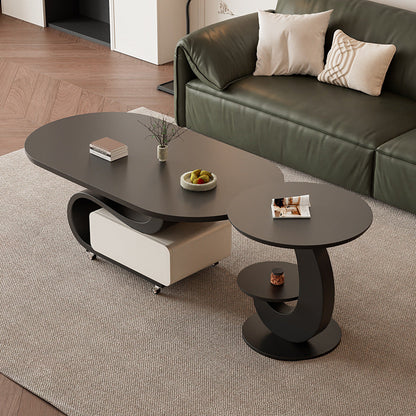 Contemporary Nordic Rock Slab & Carbon Steel Oval Coffee Table With 1-Drawer For Living Room And Bedroom