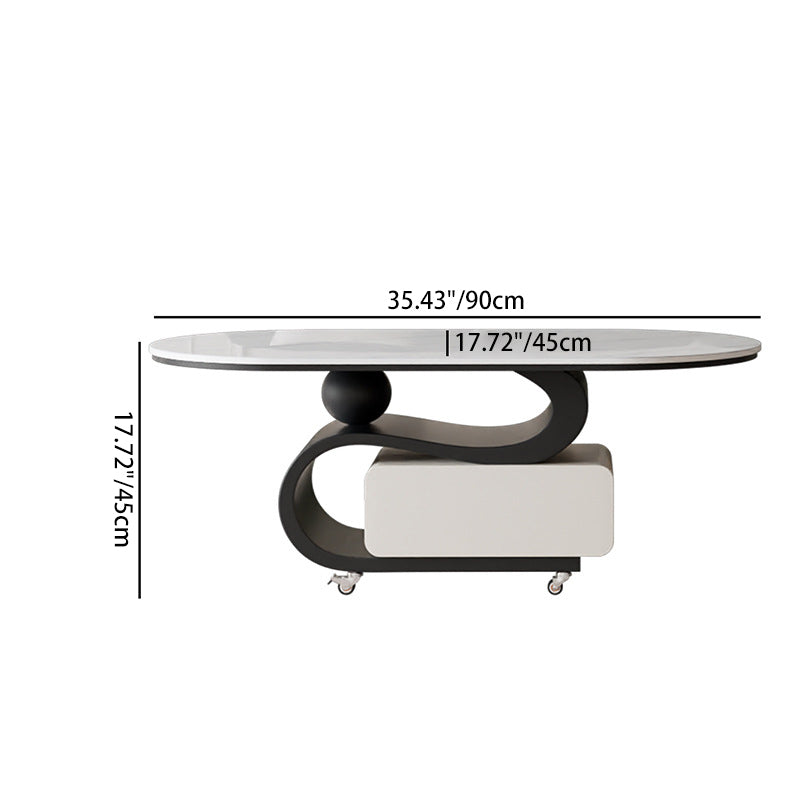 Contemporary Nordic Rock Slab & Carbon Steel Oval Coffee Table With 1-Drawer For Living Room And Bedroom