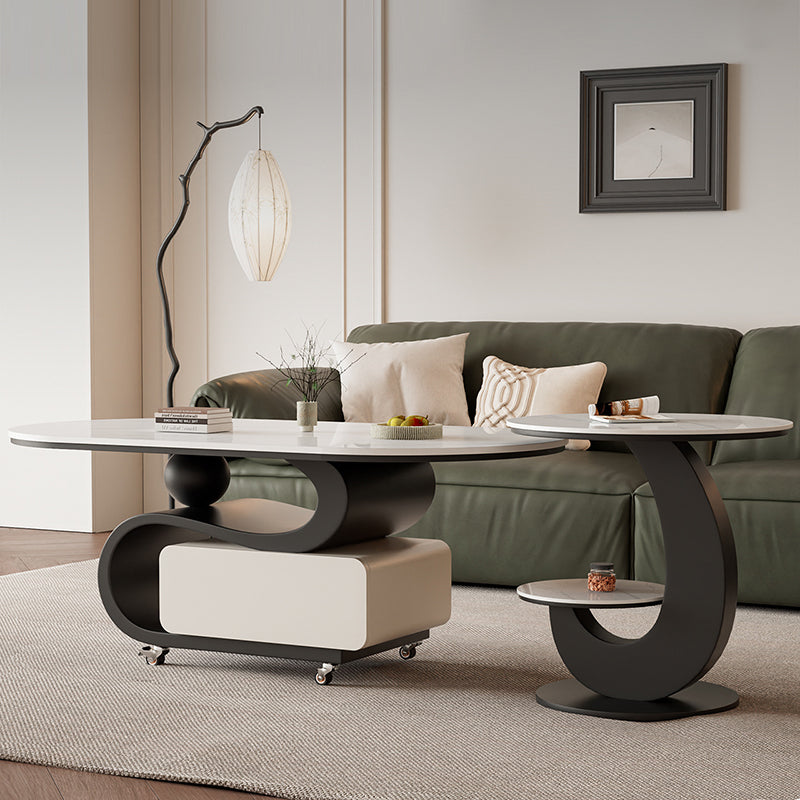Contemporary Nordic Rock Slab & Carbon Steel Oval Coffee Table With 1-Drawer For Living Room And Bedroom