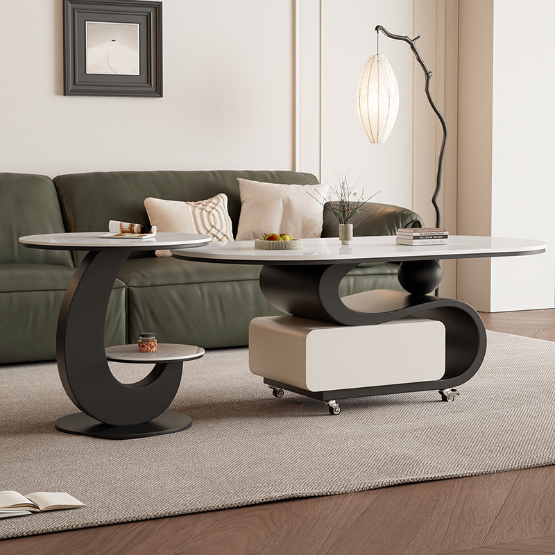 Contemporary Nordic Rock Slab & Carbon Steel Oval Coffee Table With 1-Drawer For Living Room And Bedroom