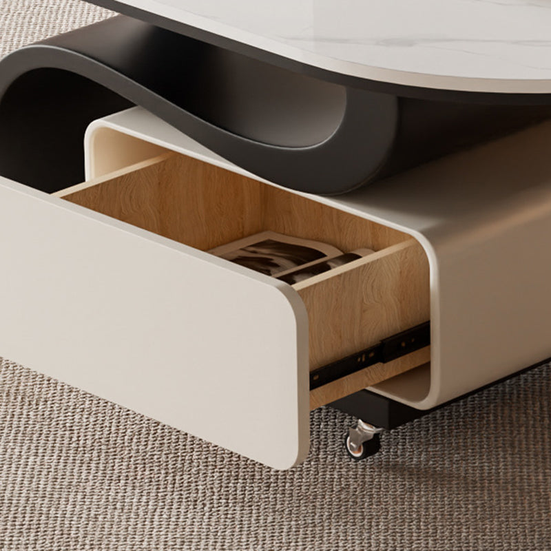 Contemporary Nordic Rock Slab & Carbon Steel Oval Coffee Table With 1-Drawer For Living Room And Bedroom