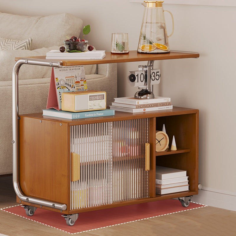 Modern Minimalist Plank, Stainless Steel & Glass Rectangular Side Table With Mobile Design For Living Room And Bedroom