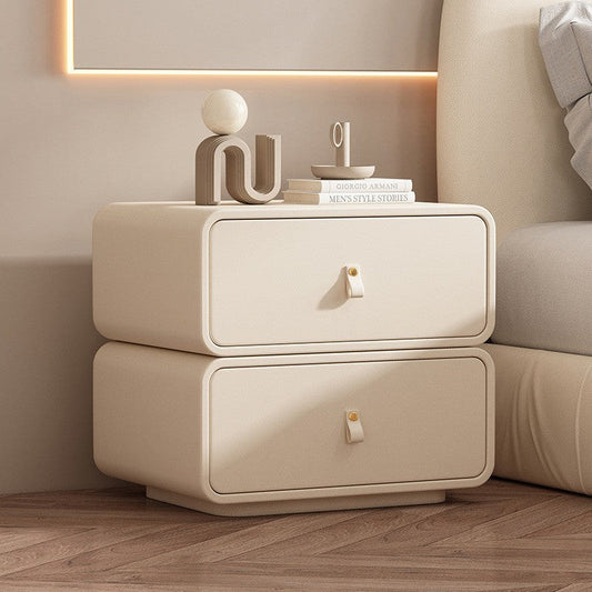 Contemporary Nordic Microfiber Leather & Plank Square Nightstand With 2 Drawers For Bedroom And Living Room