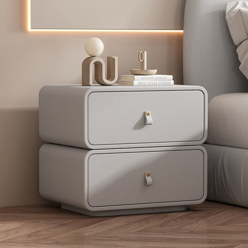 Contemporary Nordic Microfiber Leather & Plank Square Nightstand With 2 Drawers For Bedroom And Living Room