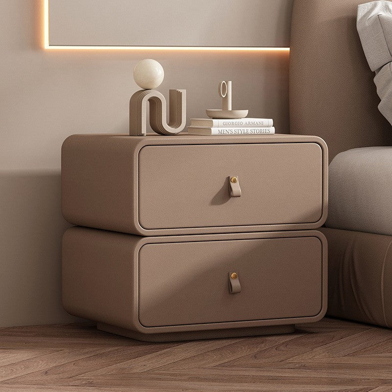 Contemporary Nordic Microfiber Leather & Plank Square Nightstand With 2 Drawers For Bedroom And Living Room