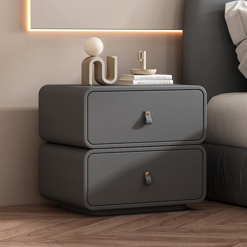 Contemporary Nordic Microfiber Leather & Plank Square Nightstand With 2 Drawers For Bedroom And Living Room