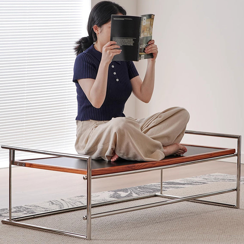Contemporary Nordic Plank, Wood & Stainless Steel Rectangular Coffee Table With 90° Flip Top For Living Room And Bedroom