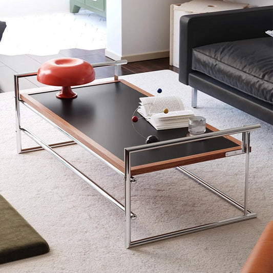 Contemporary Nordic Plank, Wood & Stainless Steel Rectangular Coffee Table With 90° Flip Top For Living Room And Bedroom