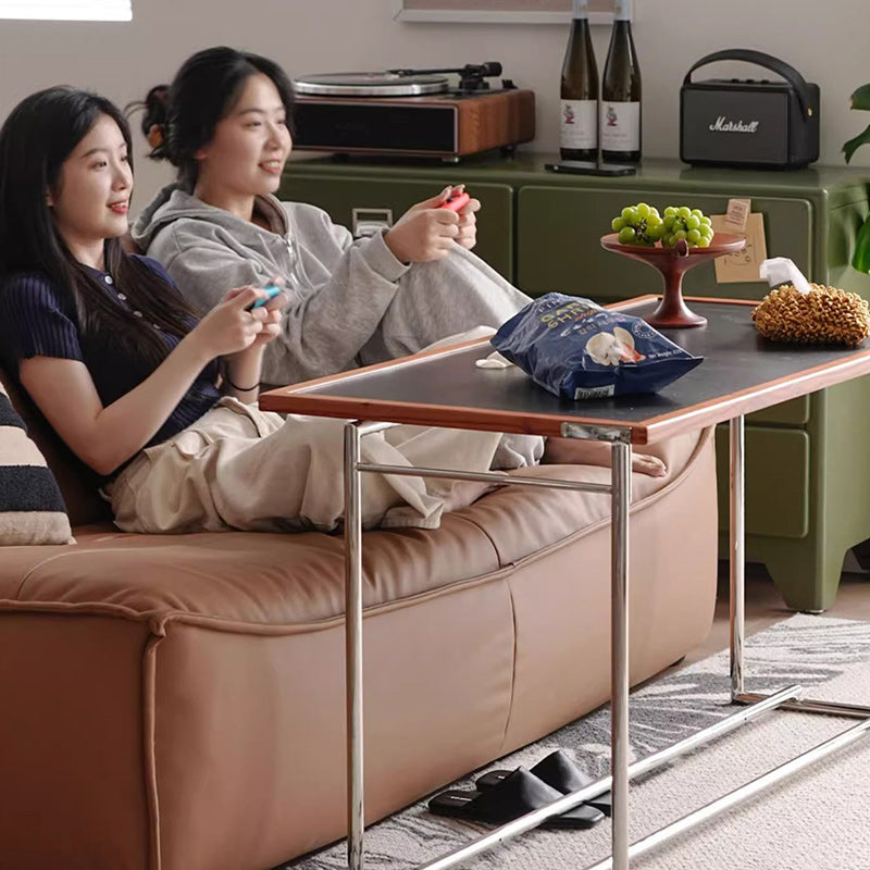 Contemporary Nordic Plank, Wood & Stainless Steel Rectangular Coffee Table With 90° Flip Top For Living Room And Bedroom