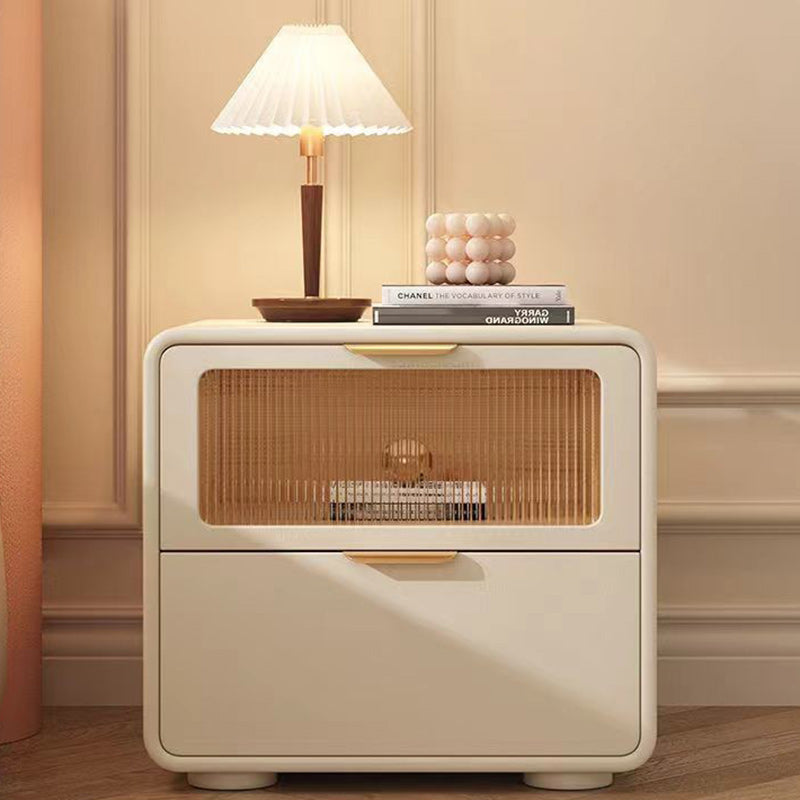 Contemporary Nordic Microfiber Leather, Wood & Glass Square Nightstand With 2 Drawers For Bedroom And Living Room