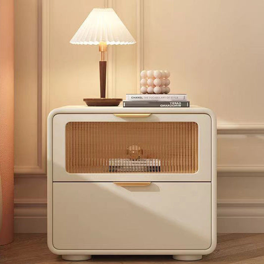 Contemporary Nordic Microfiber Leather, Wood & Glass Square Nightstand With 2 Drawers For Bedroom And Living Room