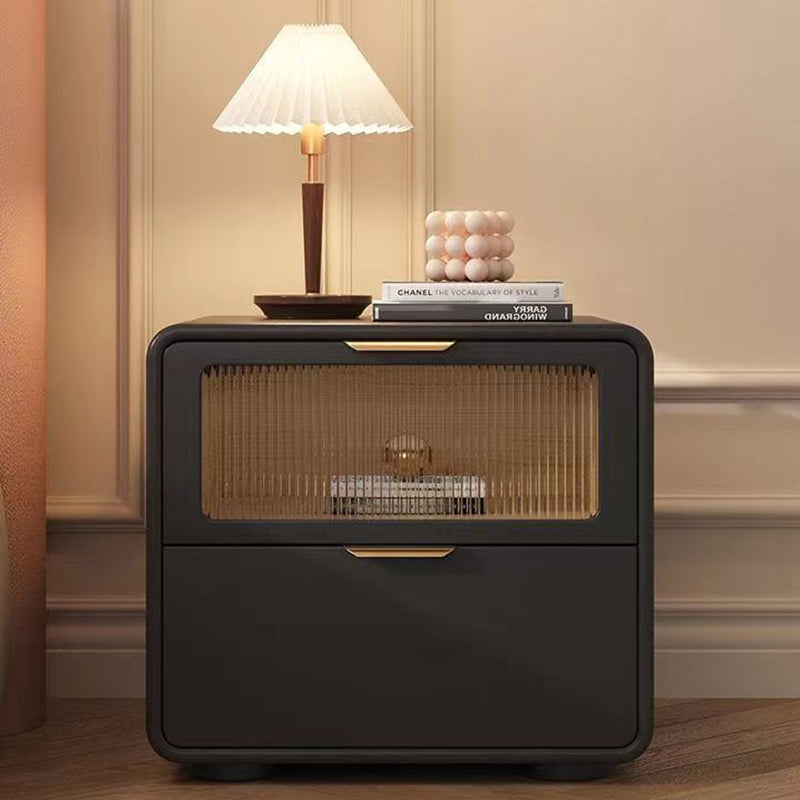 Contemporary Nordic Microfiber Leather, Wood & Glass Square Nightstand With 2 Drawers For Bedroom And Living Room
