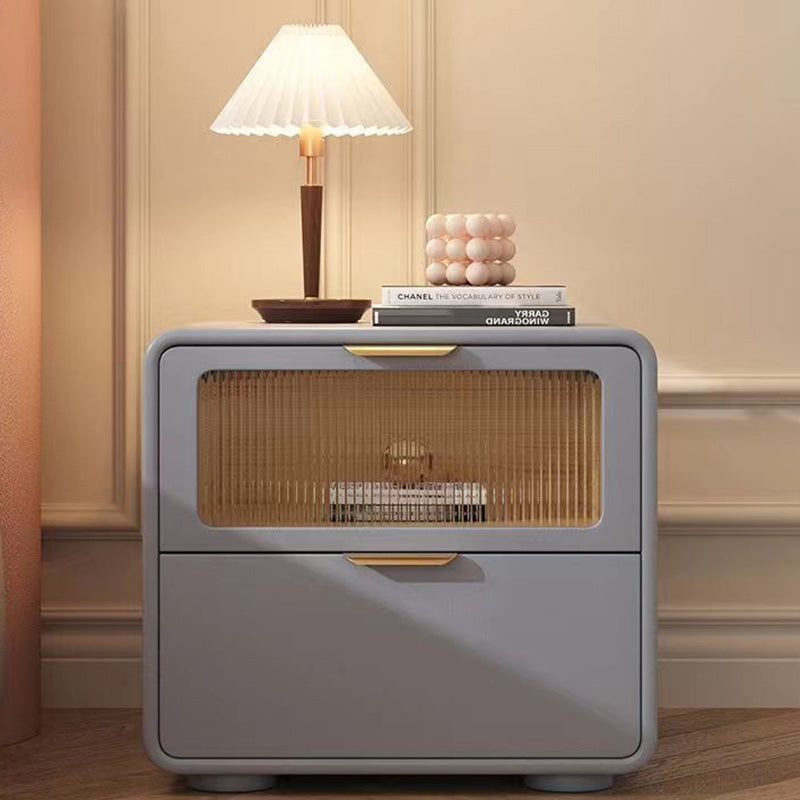Contemporary Nordic Microfiber Leather, Wood & Glass Square Nightstand With 2 Drawers For Bedroom And Living Room