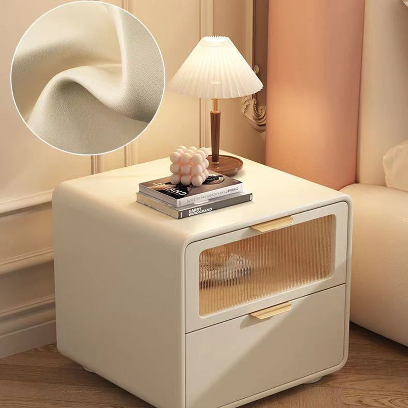 Contemporary Nordic Microfiber Leather, Wood & Glass Square Nightstand With 2 Drawers For Bedroom And Living Room