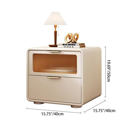 Contemporary Nordic Microfiber Leather, Wood & Glass Square Nightstand With 2 Drawers For Bedroom And Living Room