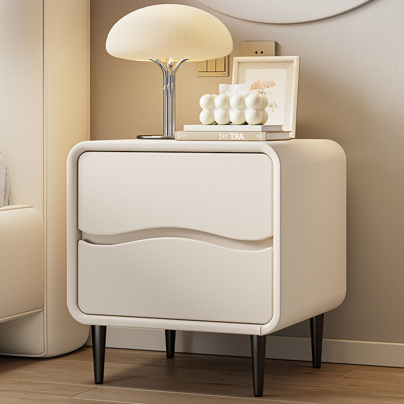 Modern Minimalist Microfiber Leather & Wood Square Nightstand With 2 Drawers For Bedroom And Living Room