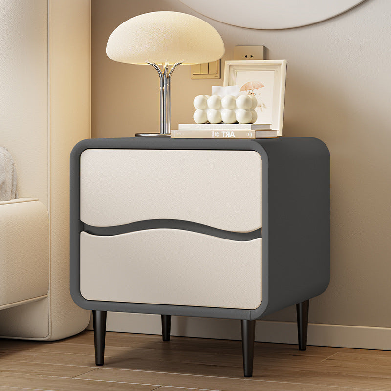 Modern Minimalist Microfiber Leather & Wood Square Nightstand With 2 Drawers For Bedroom And Living Room