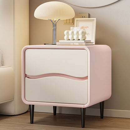 Modern Minimalist Microfiber Leather & Wood Square Nightstand With 2 Drawers For Bedroom And Living Room