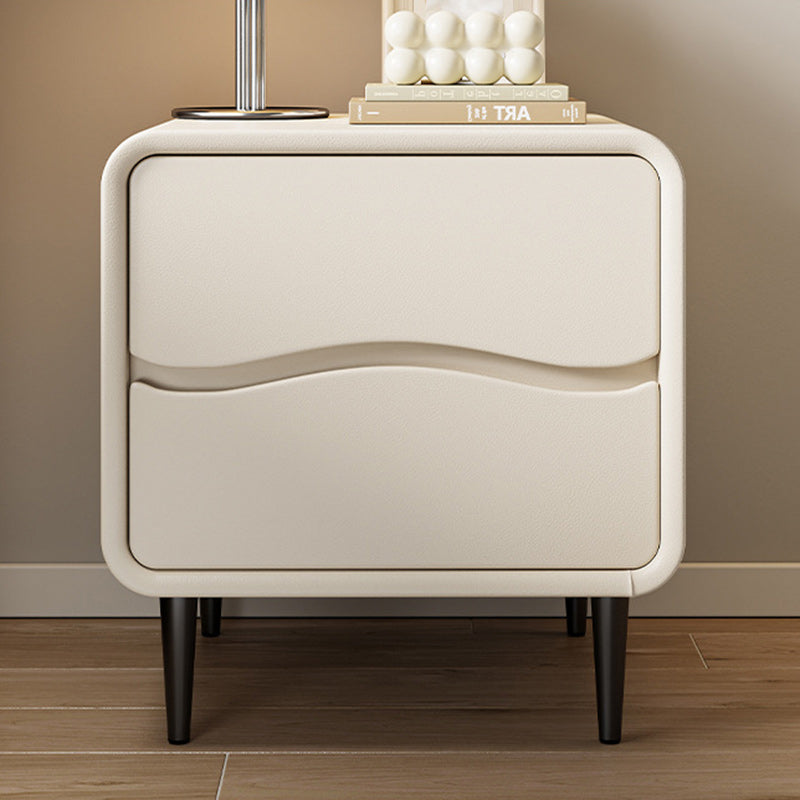 Modern Minimalist Microfiber Leather & Wood Square Nightstand With 2 Drawers For Bedroom And Living Room