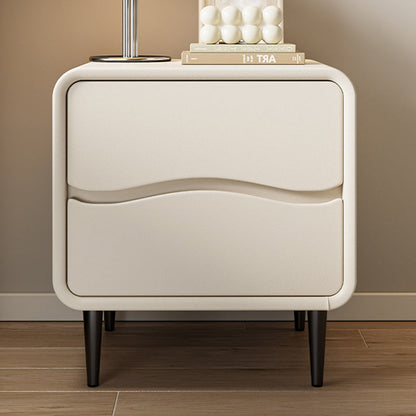 Modern Minimalist Microfiber Leather & Wood Square Nightstand With 2 Drawers For Bedroom And Living Room