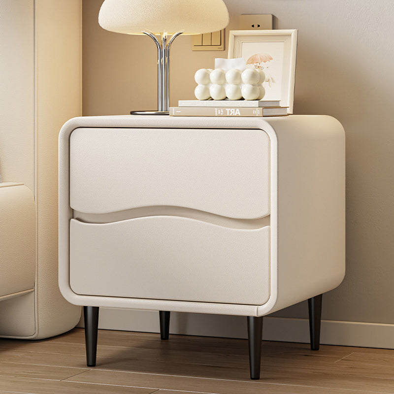 Modern Minimalist Microfiber Leather & Wood Square Nightstand With 2 Drawers For Bedroom And Living Room