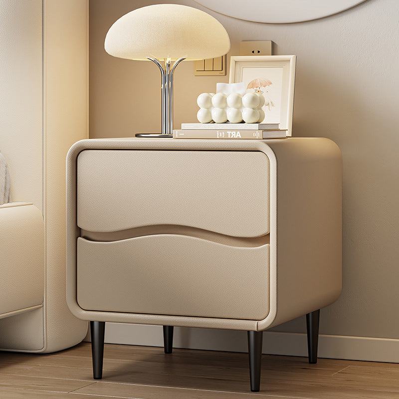 Modern Minimalist Microfiber Leather & Wood Square Nightstand With 2 Drawers For Bedroom And Living Room
