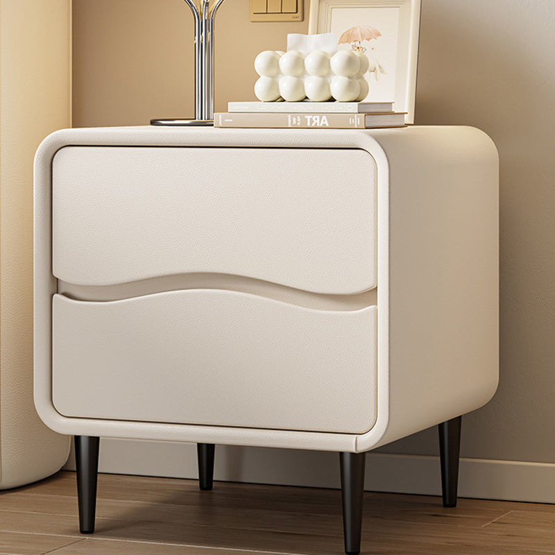 Modern Minimalist Microfiber Leather & Wood Square Nightstand With 2 Drawers For Bedroom And Living Room