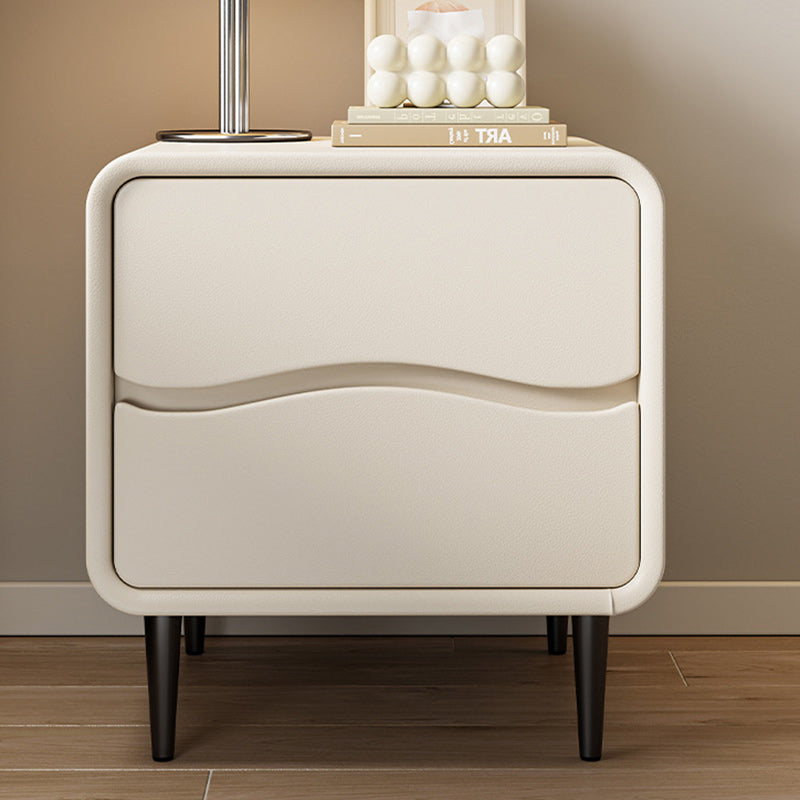 Modern Minimalist Microfiber Leather & Wood Square Nightstand With 2 Drawers For Bedroom And Living Room