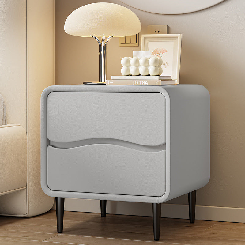 Modern Minimalist Microfiber Leather & Wood Square Nightstand With 2 Drawers For Bedroom And Living Room