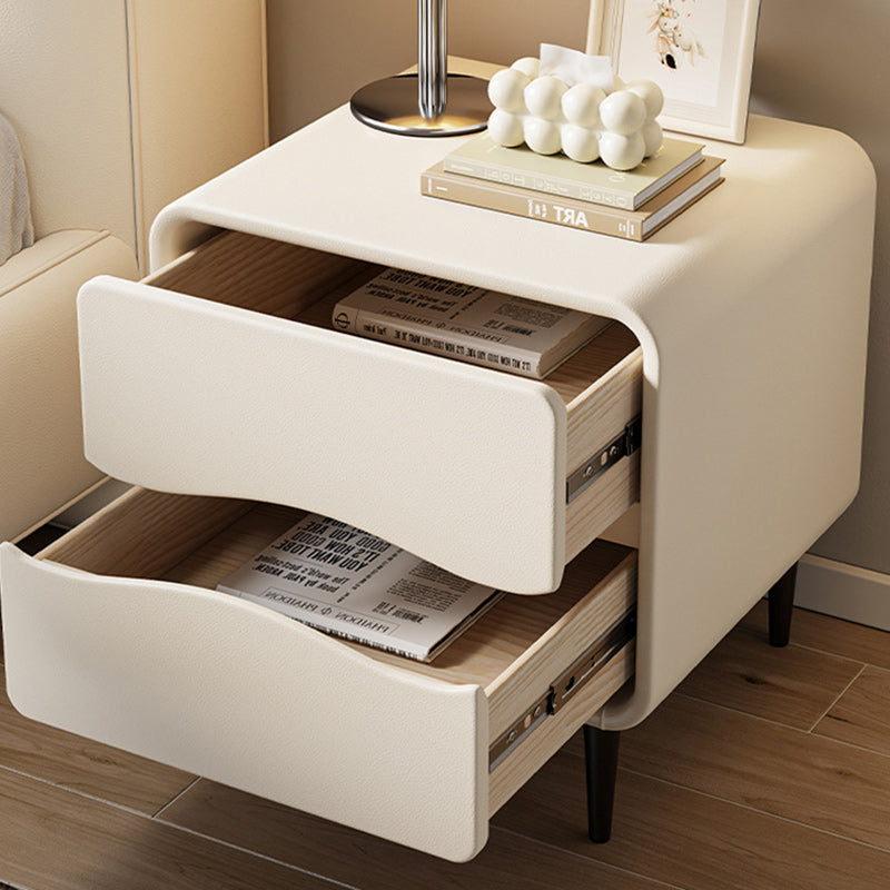 Modern Minimalist Microfiber Leather & Wood Square Nightstand With 2 Drawers For Bedroom And Living Room