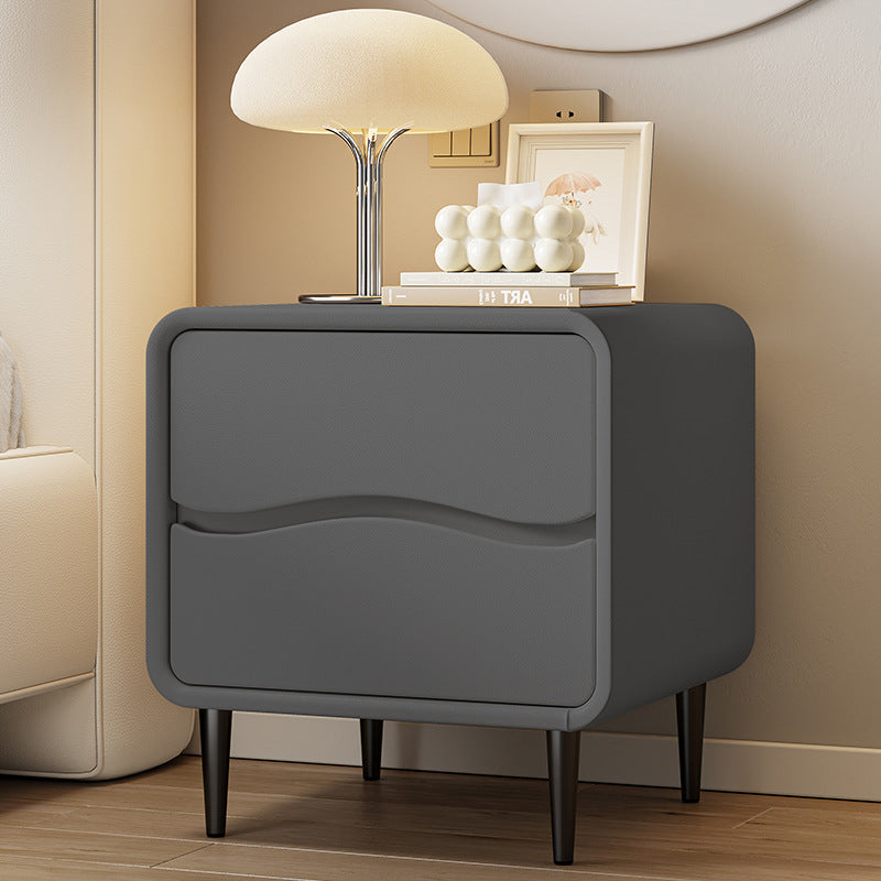 Modern Minimalist Microfiber Leather & Wood Square Nightstand With 2 Drawers For Bedroom And Living Room