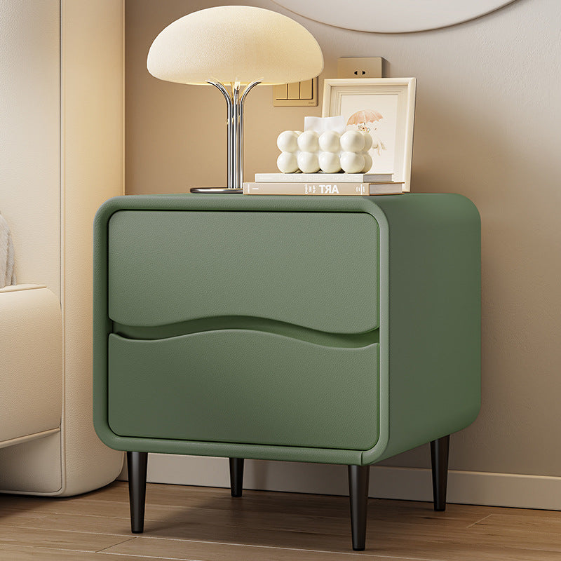 Modern Minimalist Microfiber Leather & Wood Square Nightstand With 2 Drawers For Bedroom And Living Room